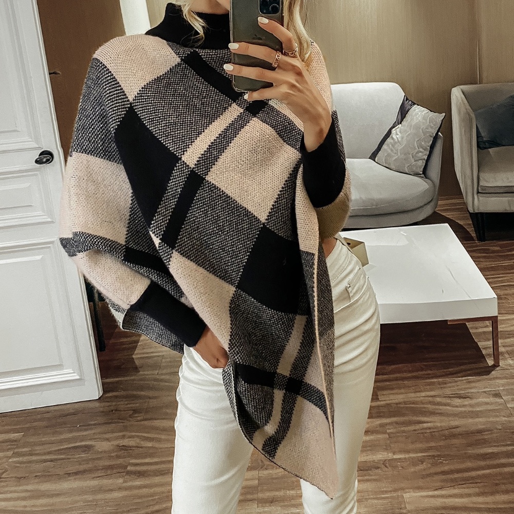 Classic Black Tan Turtleneck Plaid Poncho Knit Sweater - Picture 5 of 8